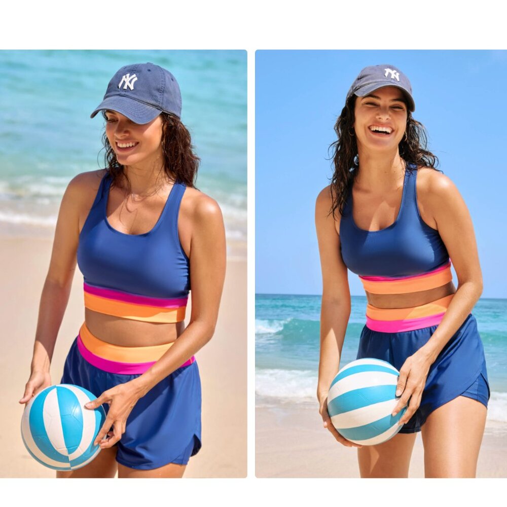 SeaFancy Blue Scoop Neck Racerback Sporty Bikini Top and Athletic Short set L